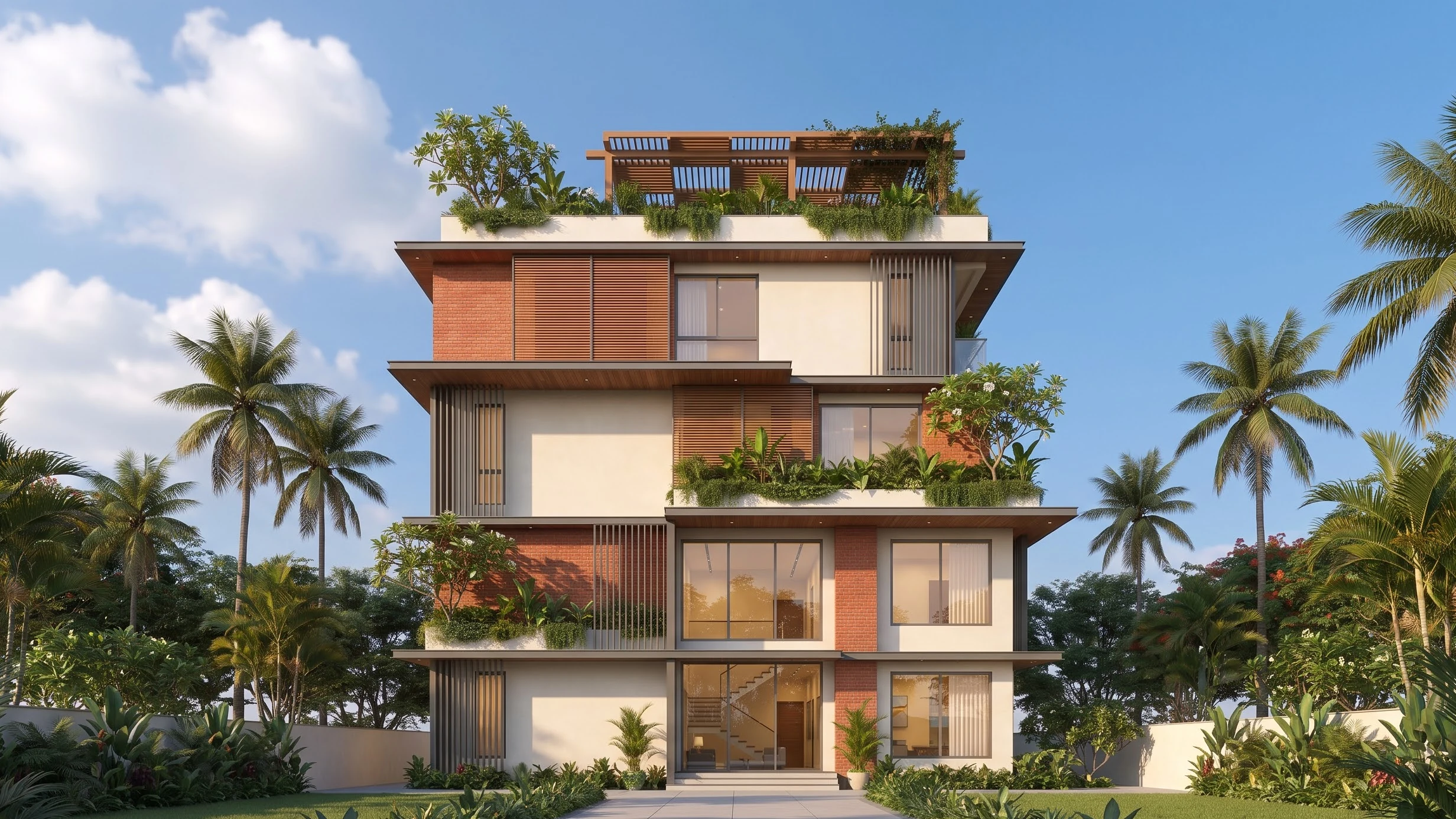 A three-storey family home with terrace gardens, a brick and timber facade and a garden path in warm afternoon light