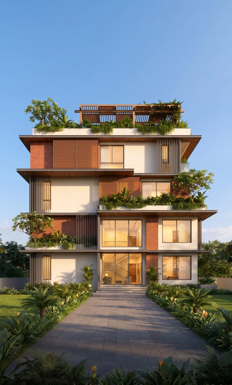 A three-storey family home by a tree-lined path