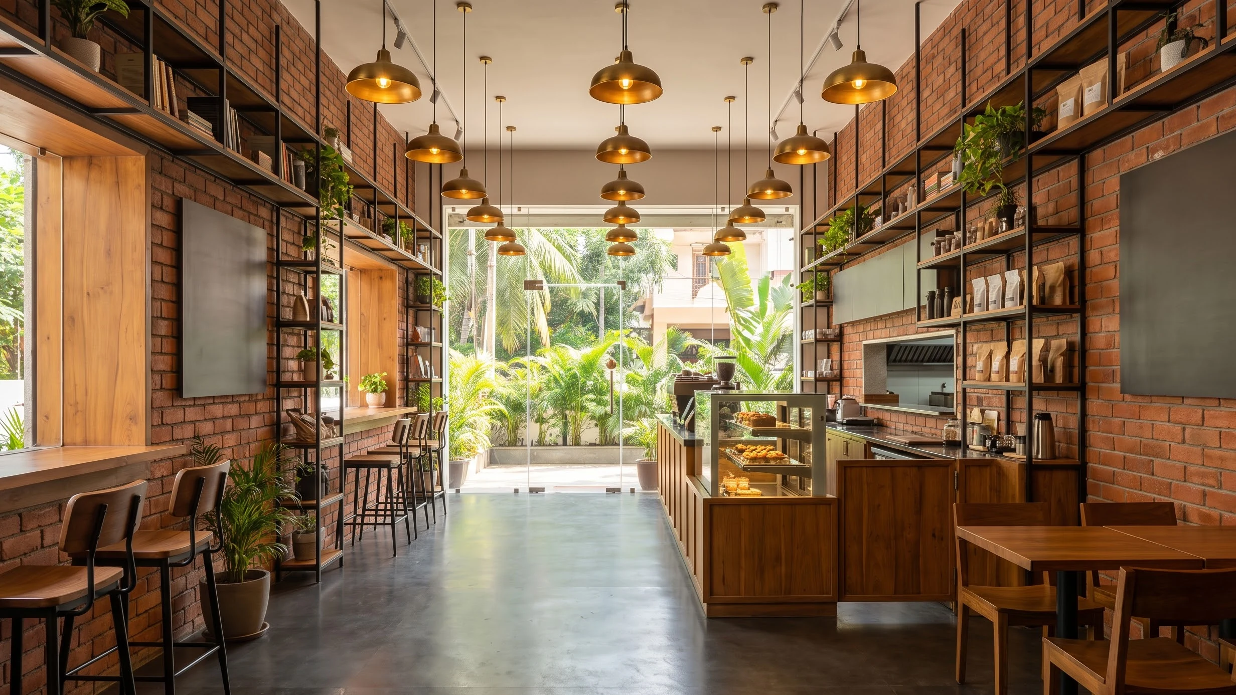 A long café with brick walls, timber shelving, brass pendant lights and a pastry counter, opening onto a garden