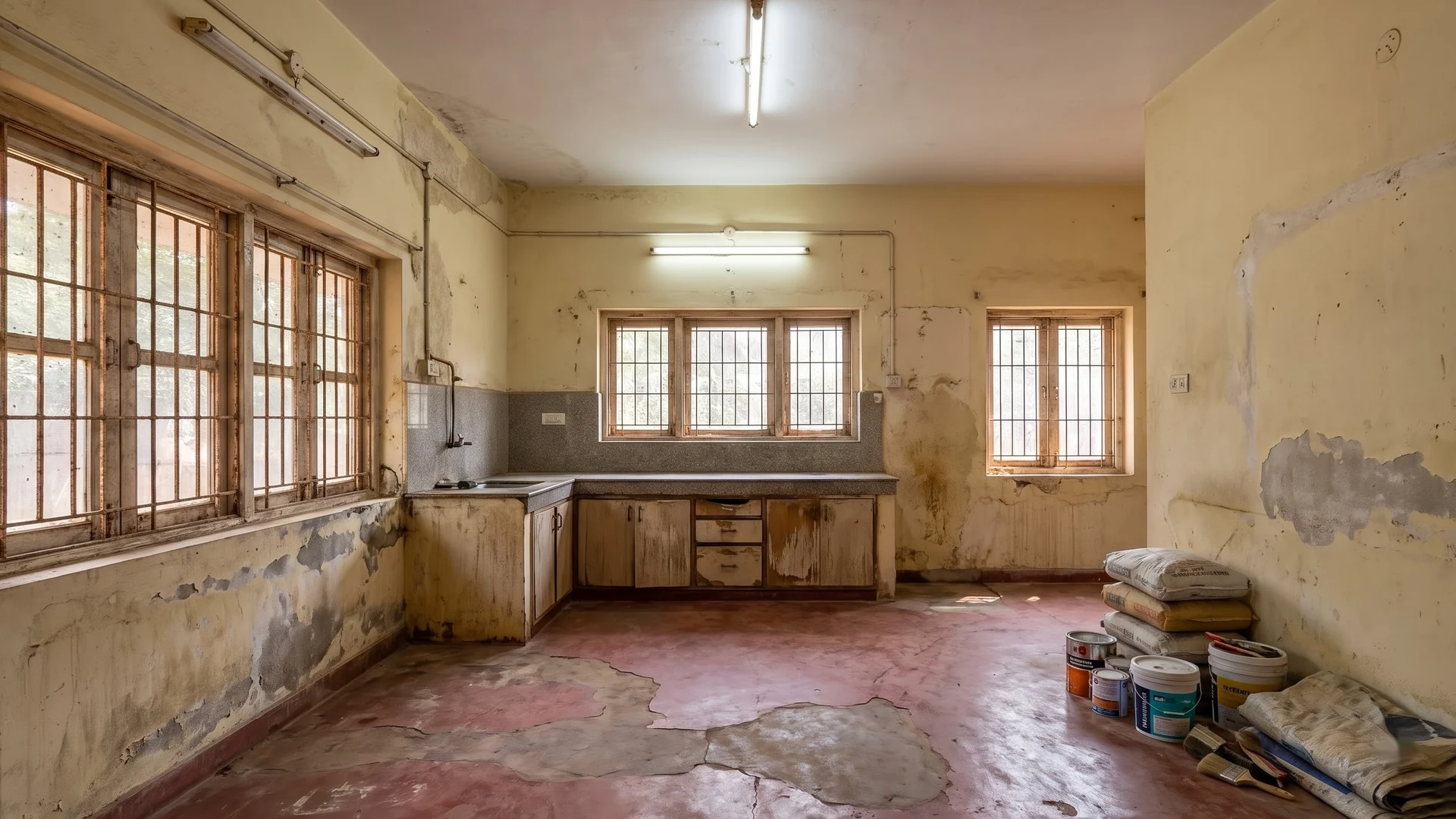 Before: the same room with damp, peeling walls, an old sink and a cracked red floor