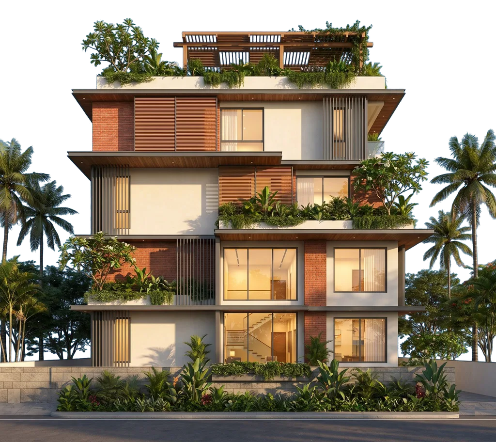 A four-storey family home with brick walls, teak screens and planted terraces on every floor, seen from the street