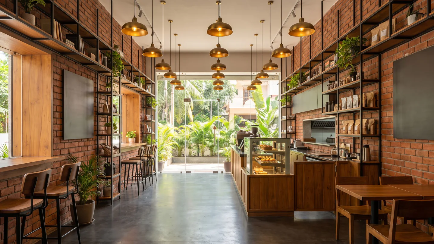 A long café with exposed brick, brass pendant lights, a bar along the window and a teak display counter
