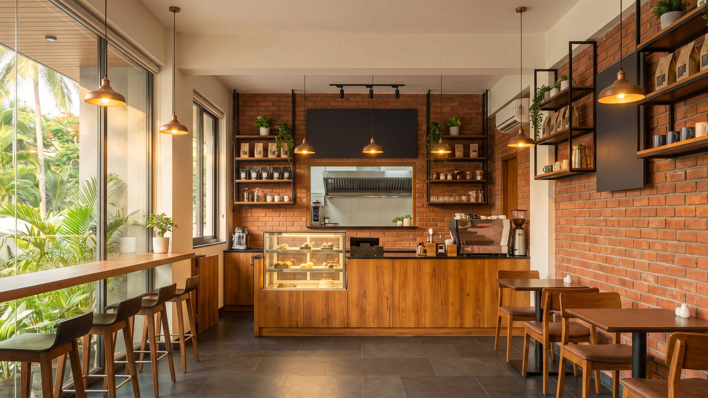 A café with an exposed-brick wall, teak service counter and pastry display, bar stools along the window and open shelving