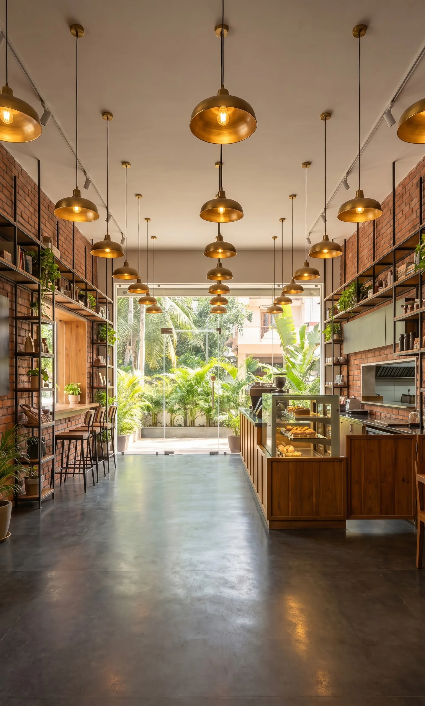 A café counter under brass pendant lights