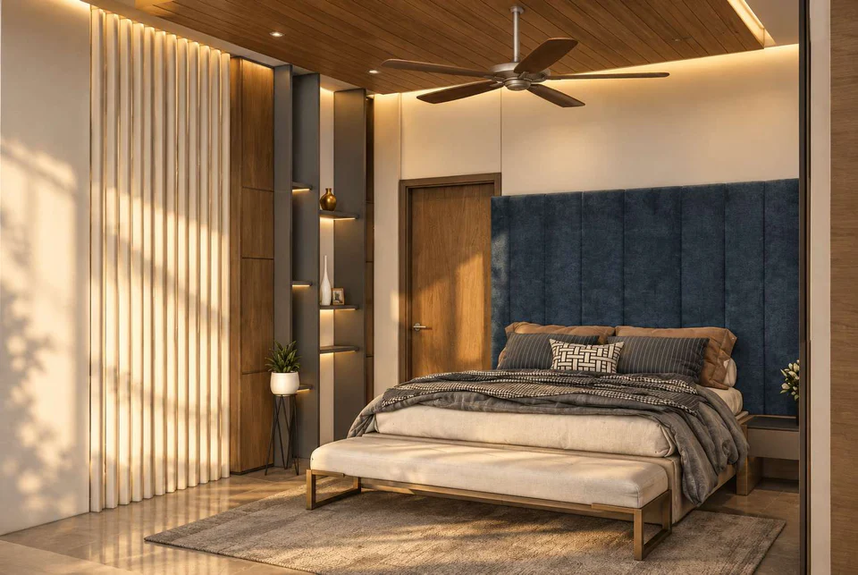 The same bedroom from the window side: sheer curtains, niche shelves, upholstered bench