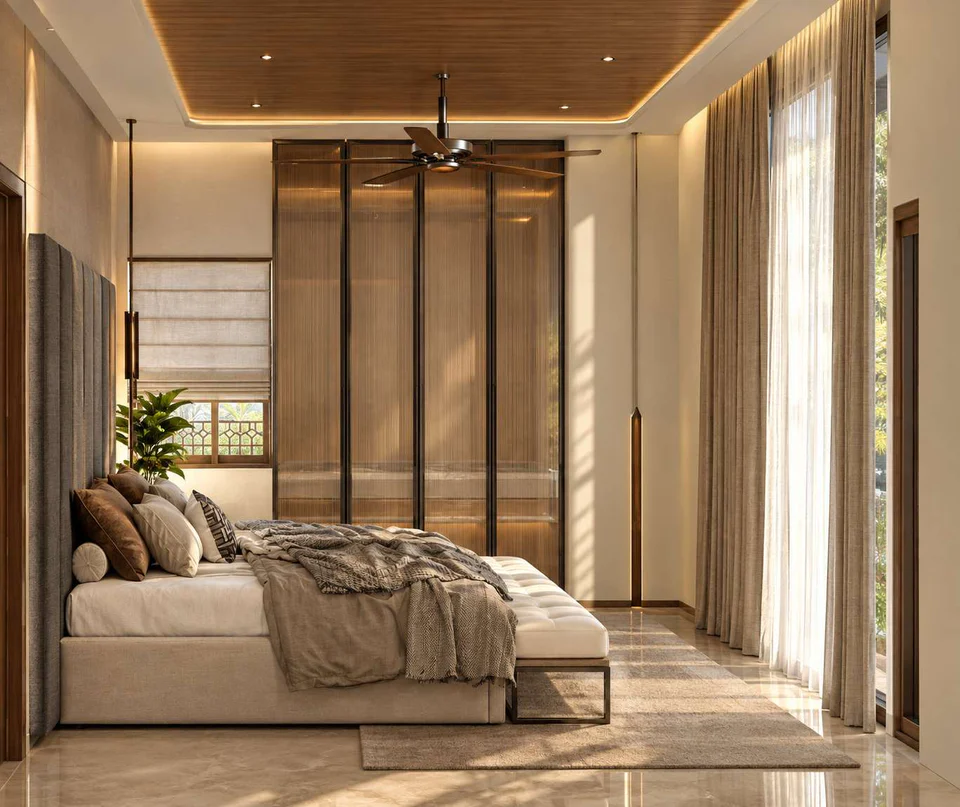 A bedroom from Chan's penthouse interior design: timber wardrobe wall, soft bed linen, sheer curtains