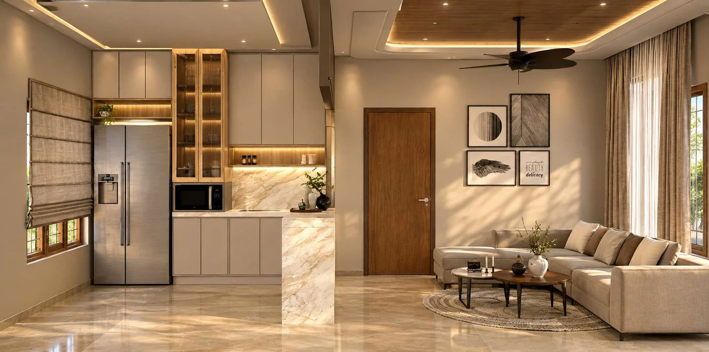 An open kitchen and living room with a long island, pendant lights and warm wood panelling
