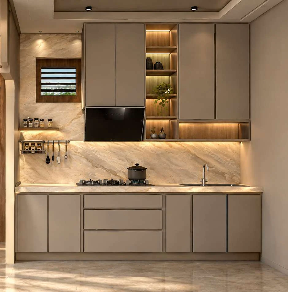 Kitchen from the same penthouse design: grey cabinets, marble backsplash, warm shelf lights