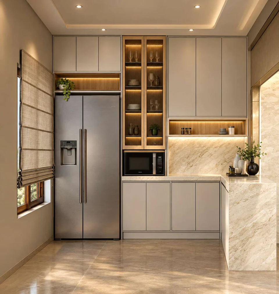 Penthouse kitchen by Chan Constructions: grey shaker cabinets, marble backsplash, lit open shelves