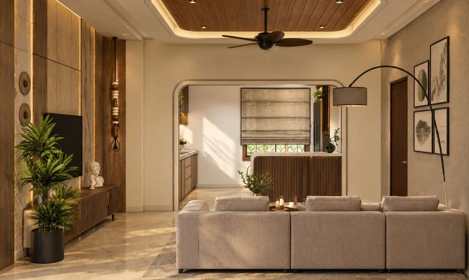 Penthouse living room: grey sectional sofa, arched opening to the dining room, timber ceiling with cove light