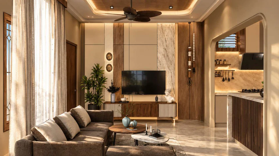 Living room of a penthouse interior designed by Chan Constructions: timber and marble TV wall, sunlit sofa