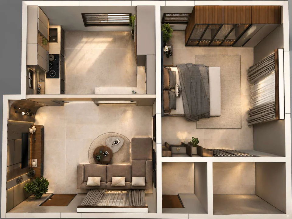 Furnished floor plan of the same penthouse seen from above: living room, kitchen and bedroom