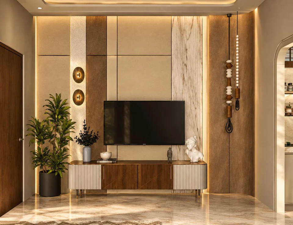 Penthouse TV wall in beige panels, veined stone and timber with a slatted low cabinet